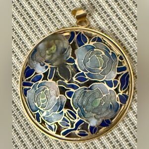 Cloisonné Enamel Blue Gold Floral Pendant Vintage